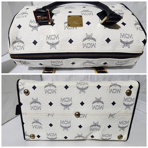 Authentic MCM Vintage Coated Canvas visetos Handle Bag Navy Blue/White - Picture 11 of 14